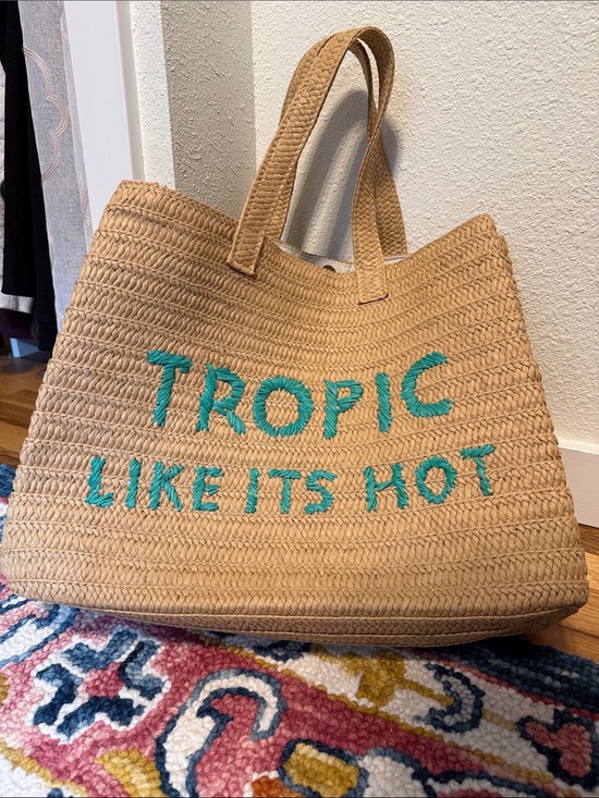 Handbags - Straw Tote with Teal 'Tropic Like It's Hot' Embroidery